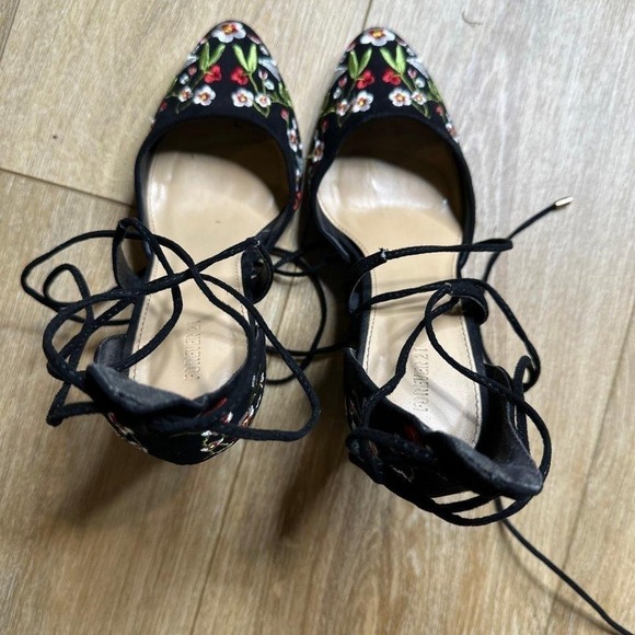 WOMENS FOREVER 21 BLACK FLORAL PRINT STRAP TIE STYLE HIGH HEEL SHOES SIZE 7.5 - Picture 5 of 7